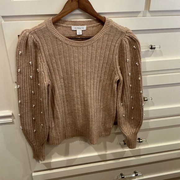 Liz Claiborne Tan Ribbed Knit Sweater with pretty pearl embellished sleeves - Picture 2 of 7